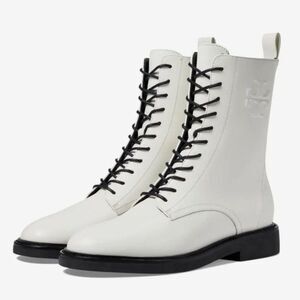 NWOB Tory Burch Double-T Croc Embossed Combat Boot in Blanc Size 7.5
